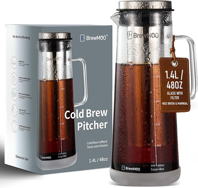 BrewMOO- Airtight Cold Brew Coffee Maker Pitcher, 1.4L/48Oz Thick Glass Carafe with Filter, Comfort Sturdy Handle & Wide Spout, Non-Slip Base | Iced Tea Maker (Grey)