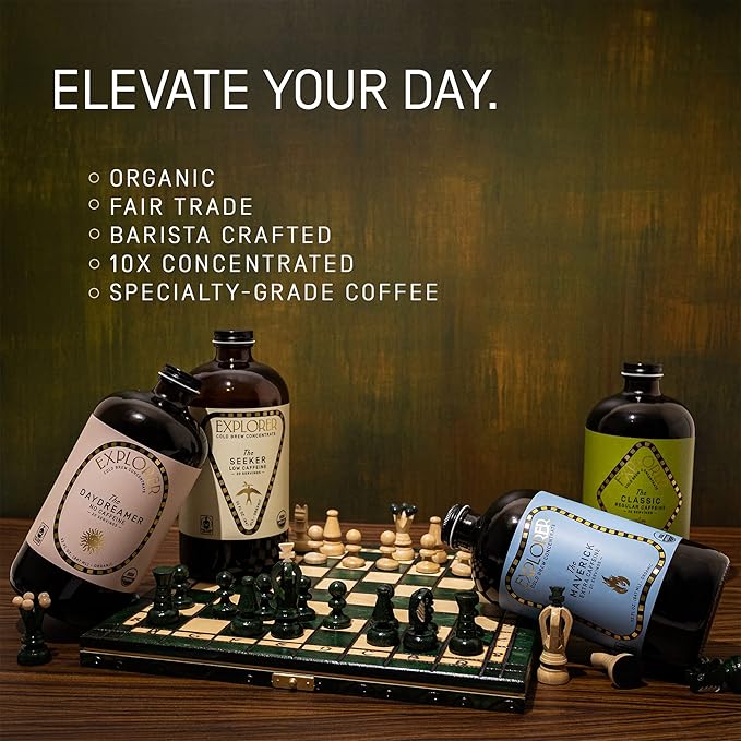 Explorer Cold Brew Coffee Bundle | Low & Regular Caffeine Concentrate | 32 fl oz I Organic Gluten Free Instant Liquid Mix | Iced or Hot | 1:4 Super Concentrated