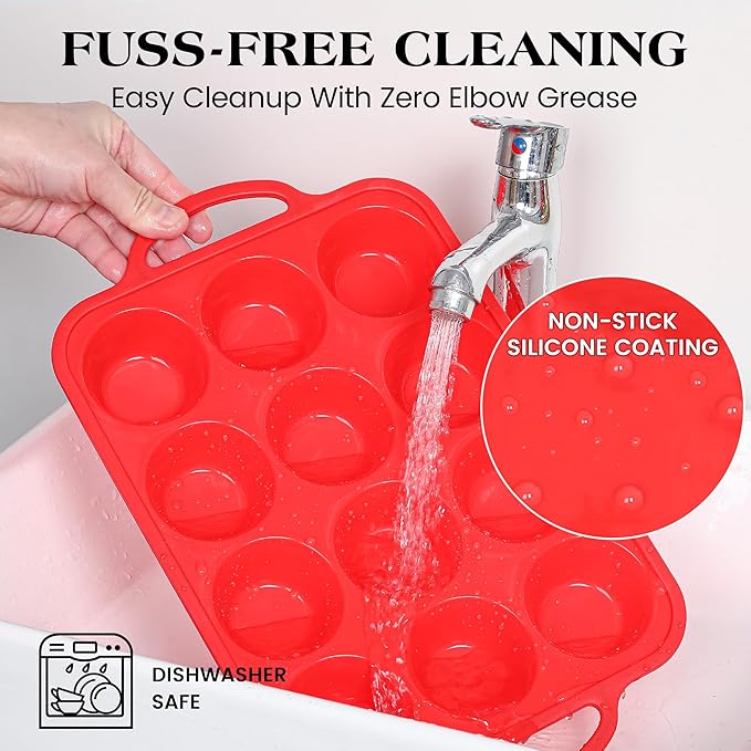 1 Pc Silicone Muffin Pan for Baking with Metal Frame, Nonstick 12 Cup Regular Size Cupcake Pan, Silicone Muffin Tray for Egg Bites (Red)