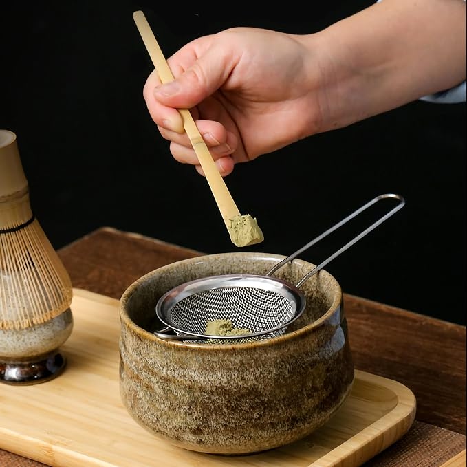 Japanese Matcha Tea Set (7pcs) - Matcha Whisk and Bowl, Whisk Stand (Chasen Holder), Scoop, Starter Making Kit for Matcha Tea Ceremony (Kiln Glaze-White)