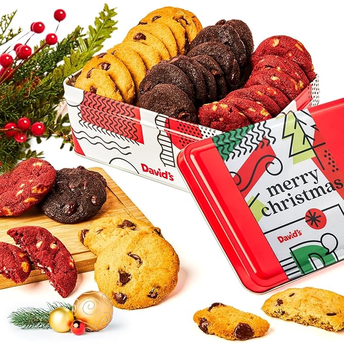 David's Cookies Merry Christmas Mini Cookies in Sweet Sampler Tin - Assorted Mini Christmas Cookies with Chocolate & White Chocolate Chip and Red Velvet - Gourmet Cookie Gift Basket for Holidays 14oz
