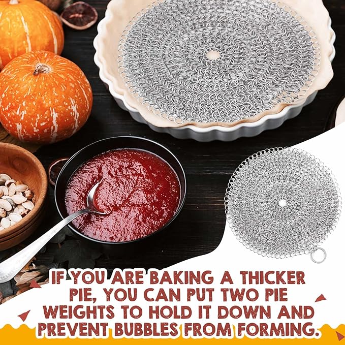 Patelai 1 Pcs Stainless Steel Pie Weights for Baking Universal Fit Pie Weight for 7-10 Inch Pies Round Metal Pies Weights Chain Dishwasher Safe Durable Blind Baking Dough Cooking Pastry (8 Inch)