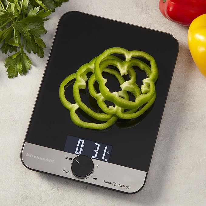 KitchenAid KQ908 Glass Surface 11 Pound Capacity Digital Kitchen and Food Scale, Scale for Food Ounces and Grams, Dry and Liquid Ingredients, Black