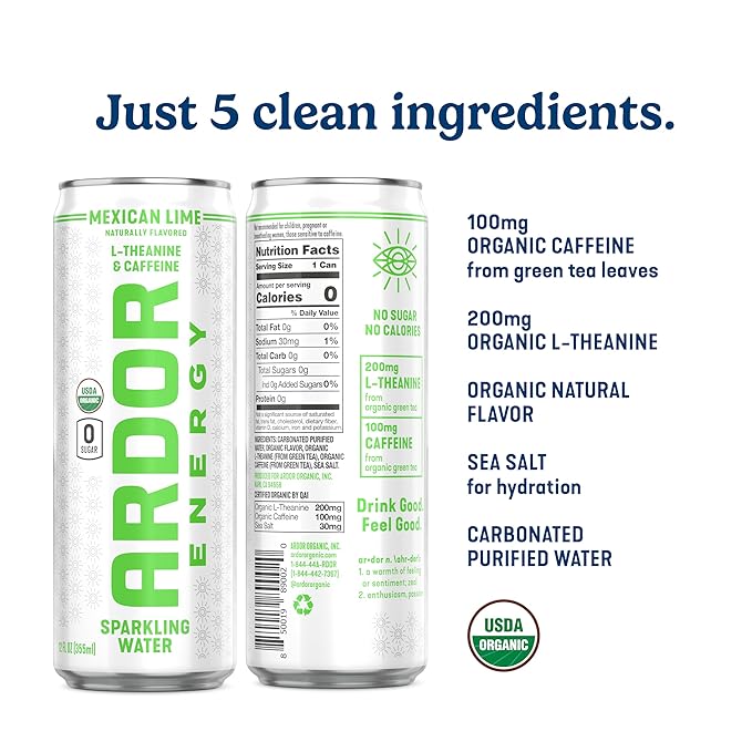 ARDOR Sparkling Water with 100mg Natural Caffeine & 200mg L-Theanine from Organic Green Tea for Smooth Energy & Focus | No Sugar, 0 Calories | Vegan, Gluten-Free | Mexican Lime - 12 Ct