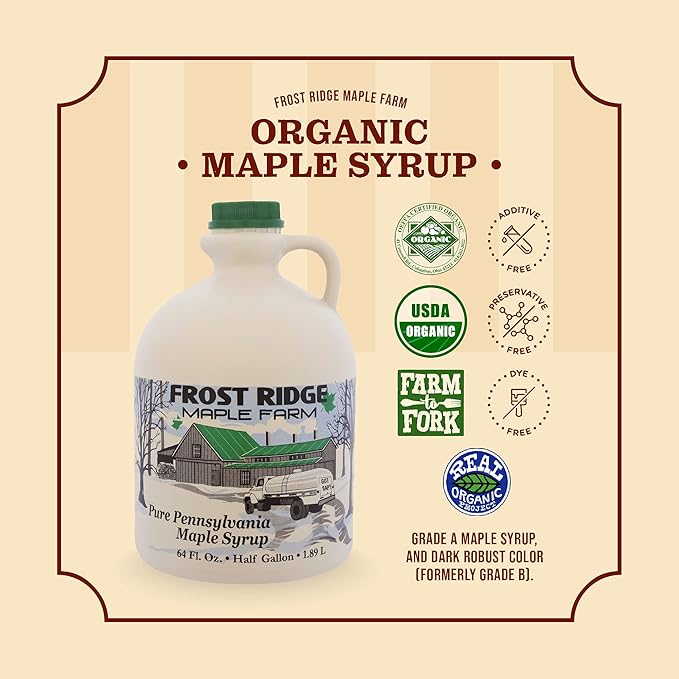 Frost Ridge Maple Farm, Organic Maple Syrup, Grade A, Half Gallon (64 FL Oz), Dark Robust (formerly Grade B)