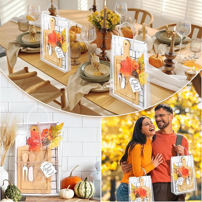 6 Sets Autumn Gifts Bridal Shower Favor 43 Pcs Wooden Square Cheese Board with Knives Forks Kitchen Towels Tags, Pre-Assembled Gifts for Fall Thanksgiving Party Supplies Winner Game Prizes