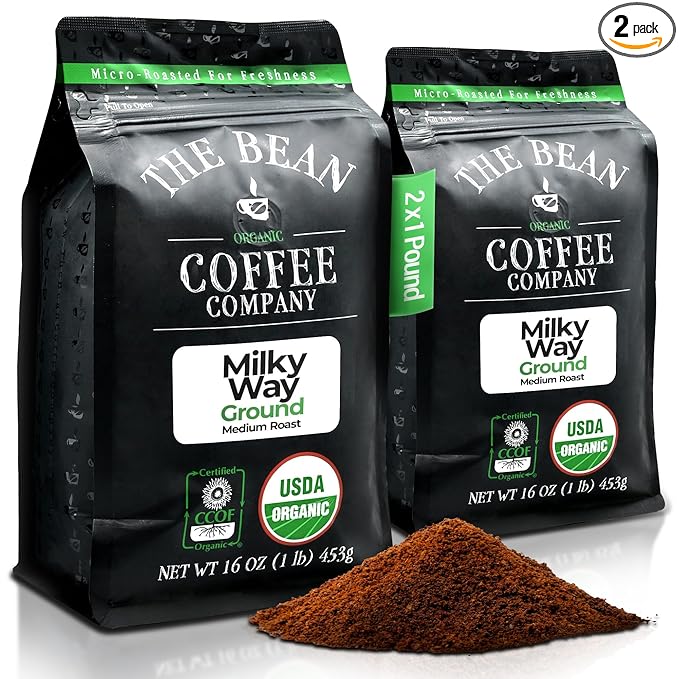 The Bean Organic Coffee Company Milky Way, Medium Roast, Ground Coffee, 16-Ounce Bags (Pack of 2), Café molido tostado orgánico