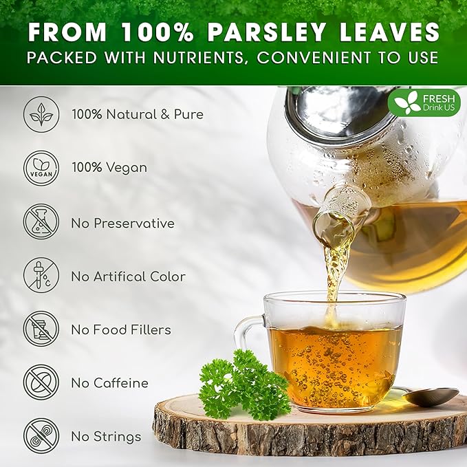 FreshDrinkUS, Premium 35 Parsley Leaf Tea Bags, 100% Natural & Pure from Parsley Leaves. Loose Leaf Parsley Herbal Tea. Made with Natural Material Tea Bags. No Sugar, No Caffeine, No Gluten, Vegan.
