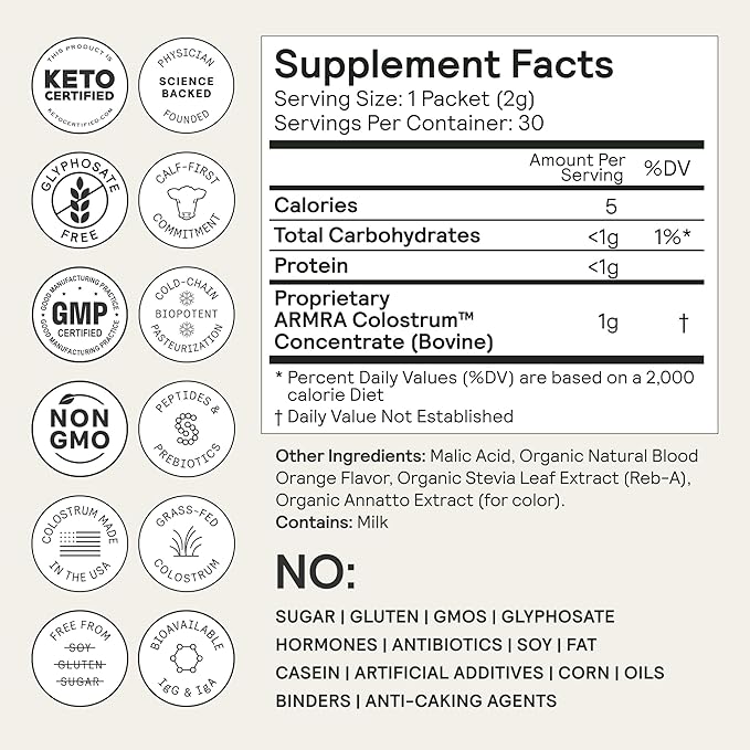 ARMRA Colostrum™ Powder | Blood Orange | Gut Health & Bloating | Skin & Hair | Immunity | Keto, Gluten & Fat-Free | 30 Servings