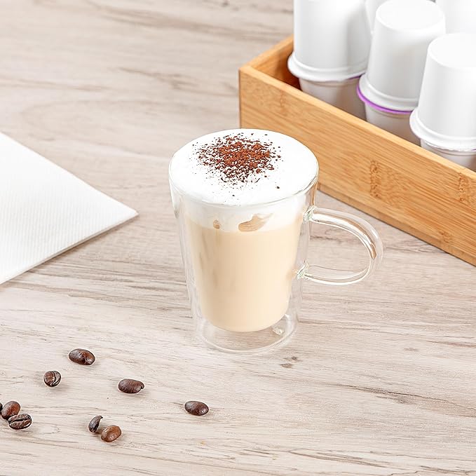 Restaurantware-Forma Professional 5.1 oz Double Wall Glass Mugs, 12 Insulated Coffee Mugs With Handle - Dishwashable, Reusable, Clear Glass Beverage Cups, Freezable, For Hot Or Cold Beverages