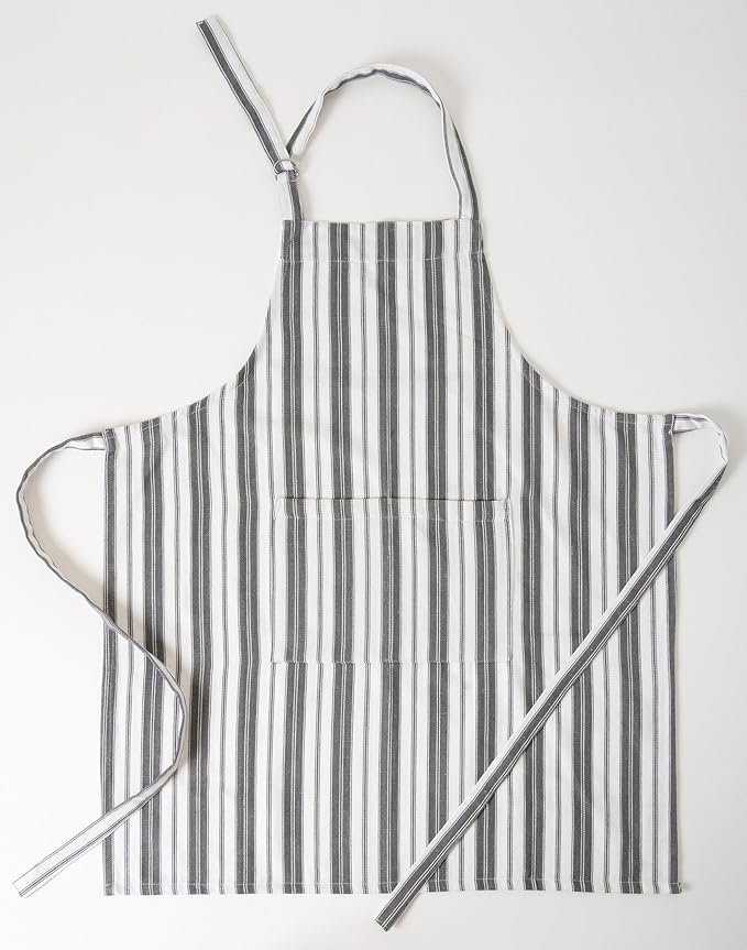 1 Oven Mitt, 1 PotHolder & 1 Kitchen Apron Set - Durable Heat Resistant Gloves - Thick Mittens for Kitchen - Suitable for Cooking, Baking, Grilling – Men & Women – Dark Grey Stripes - Casa De Lan