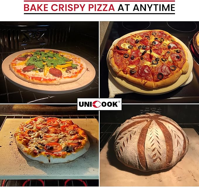 Unicook 2 PCS Pizza Stones Set, 15 x 12 Inch Rectangular Pizza Stone for Oven and Grill, Large Cordierite Cooking Pan for Baking and Grilling, Thermal Shock Resistant, Including Dough Scraper