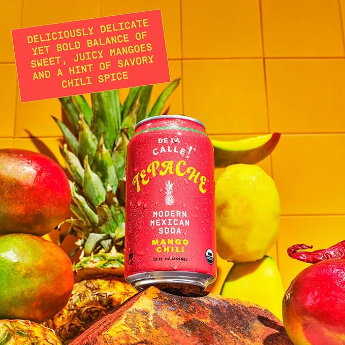 De La Calle Tepache - Mango Chili - Modern Mexican Soda - Craft Fermented Pineapple Sparkling Beverage - Certified Organic, Antioxidant Rich, Non-Alcoholic, Healthy Soda, Low Sugar, Low Calorie, Non-GMO
