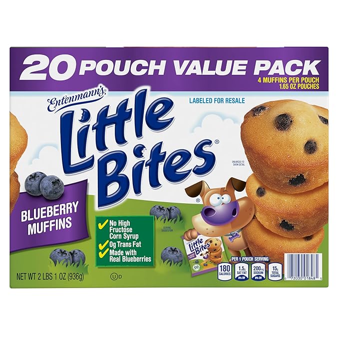 Entenmann's Little Bites Blueberry Mini Muffins | Made with Real Blueberries | 1 pack (20 pouches total)