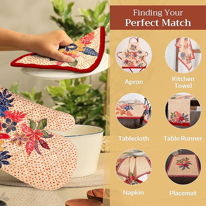 Maison d' Hermine 100% Cotton Oven Mitt & Pot Holder Set (7.5"x13" & 8"x8") Heat Resistant BBQ Cooking Gloves with Loop, Baking, Grilling, Kitchen, Handling Hot Pans (Kalahari)