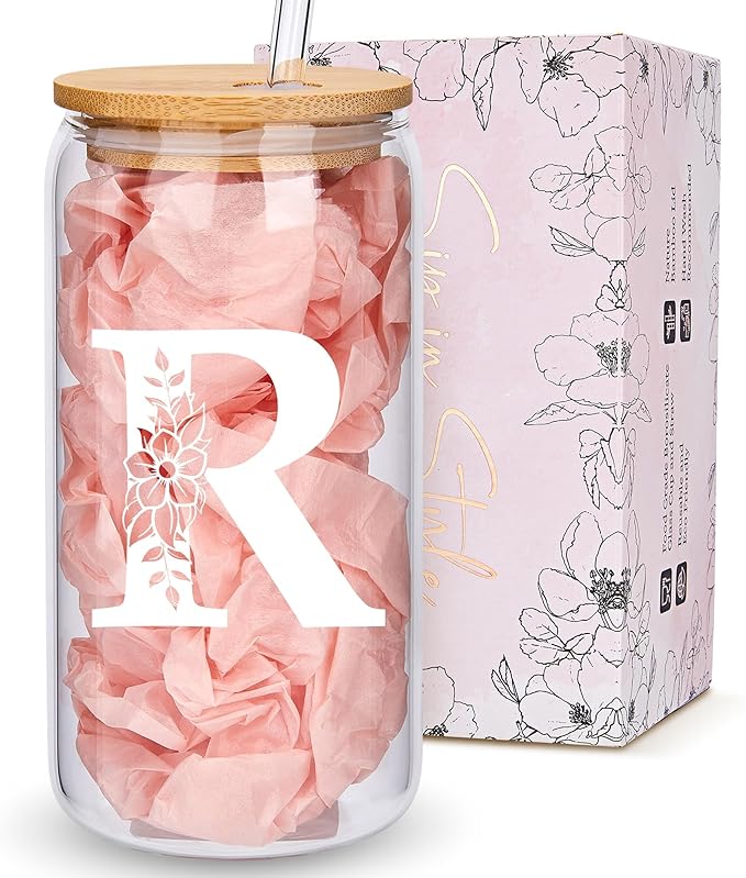 Personalized Gifts for Women, Monogrammed Glass Cups with Lids and Straws, Custom Tumbler, Cute Customized Mug, Aesthetic Stuff, Initial Iced Coffee Cup, Drinking Glasses, Birthday Teacher Gifts, R