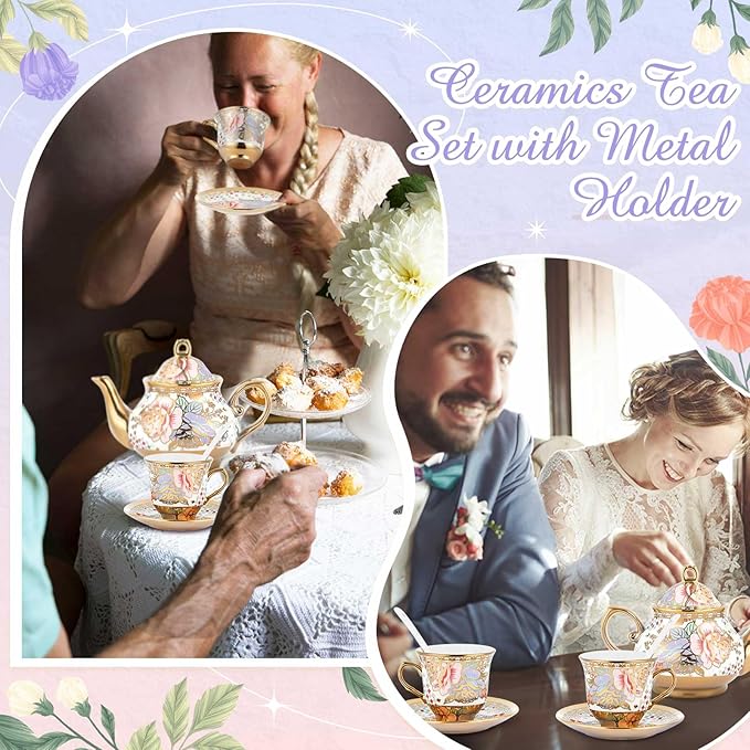 Zhehao 20 Pcs Porcelain Tea Set with Metal Holder and Spoon Adult Ceramic Tea Party Set European Flower Painting Teapot Cup Saucer Spoon Set for Women, Large Version(Rustic Style)