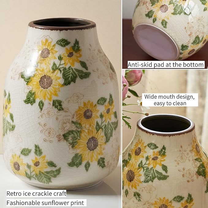 Vintage Ceramic Vase, 7.7 Inch Chinoiserie Sunflower Floral Vases, Rustic Farmhouse Antique Flower Vases for Home Decor Modern Aesthetic Tuscan Decorations (Conical)