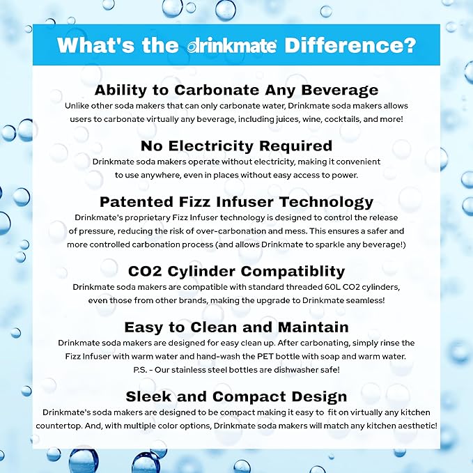 Drinkmate OmniFizz Sparkling Water and Soda Maker, Carbonates Any Drink, Bubble Up Bundle - Includes Two 60L CO2 Cylinders, One Carbonation Bottle, and Fizz Infuser (Arctic Blue)