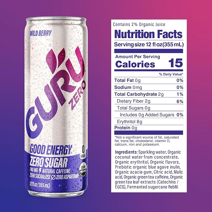 GURU ZERO SUGAR Wild Berry Organic Energy Drink with Plant Based Natural Caffeine from Green Tea, Coconut Water, Prebiotic, Zero Added Sugars, Gluten Free & Vegan, Pre Workout, 140MG Caffeine, 12 Oz (Pack of 24)