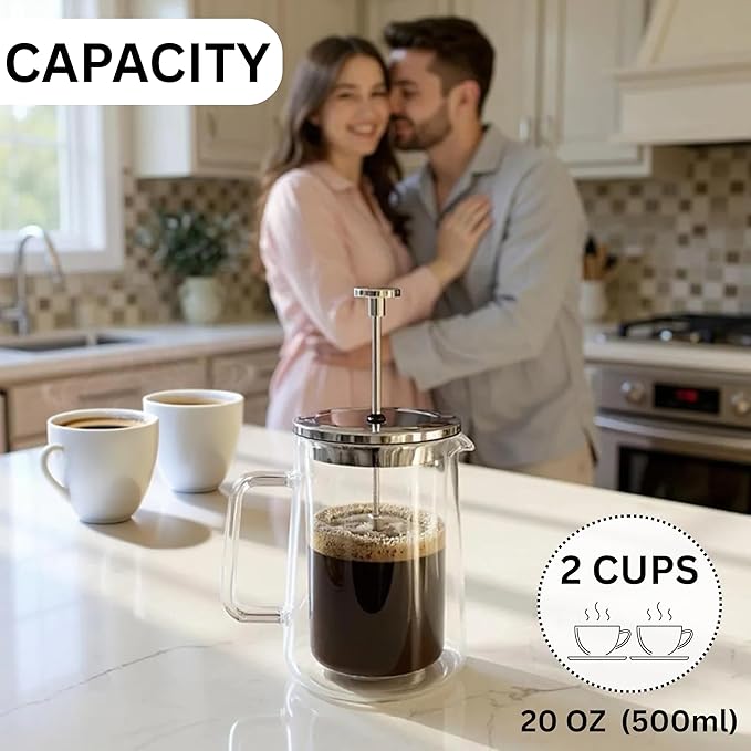French Press Coffee & Tea Maker, 20 Ounce (500ml) – Thickened Double Wall Borosilicate Glass, 2-Cup, BPA Free, Small Coffee Press for Home, Office, Dorm, Gifts