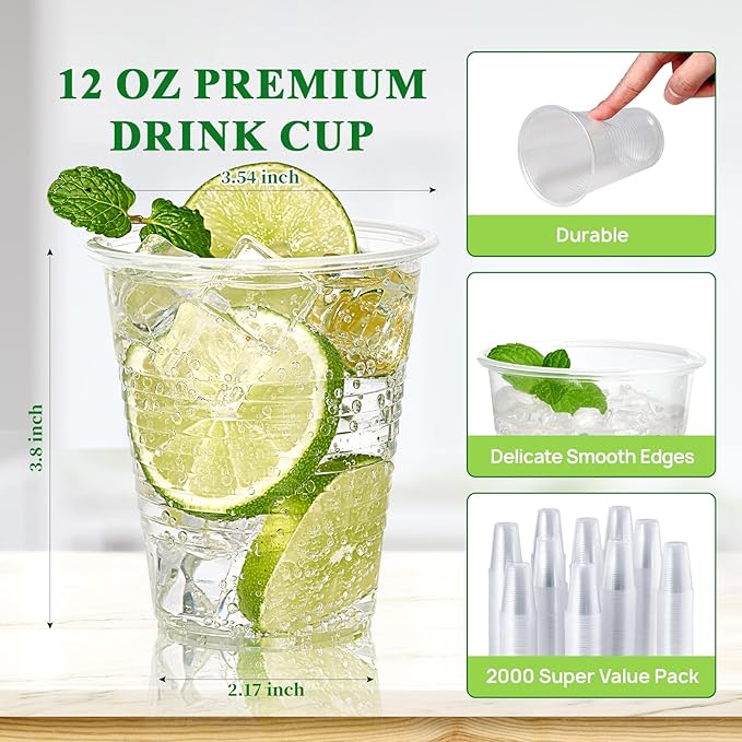 Vplus 2000 Pack 12 OZ Clear Plastic Cups, 12 Ounce Disposable Drinking Cold Water Party Bulk Plastic Cups for Business Wedding Party