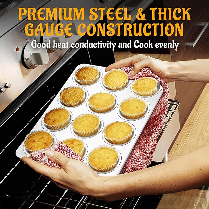 E-far Stainless Steel Muffin Pan Set of 6, 12 Cups Cupcake Pans Tins for Baking, Non-Toxic Metal Muffin Tray Molds for Small Mini Cupcake, Heavy Duty & Regular Size, Rust Free & Dishwasher Safe