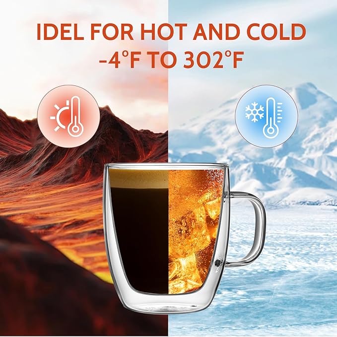 Sweese 12.5 oz Double Wall Glass Coffee Mugs Set of 2 - Insulated for Espresso, Latte, Tea Beverages