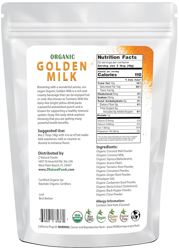 Z Natural Foods Organic Golden Milk Powder - Turmeric Superfood Blend, Mix In Coffee, Tea, Lattes, Smoothies Recipes - Non GMO, Vegan, Gluten Free - 1 lb