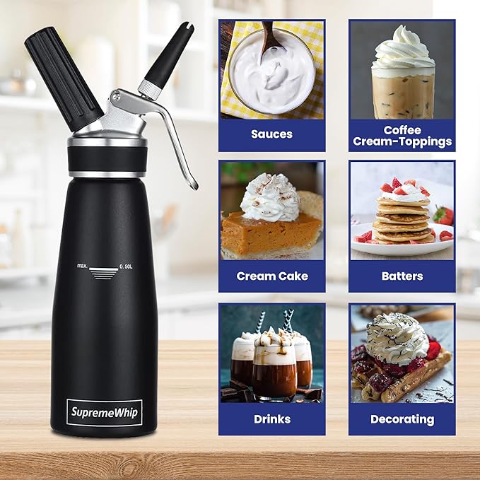 PRO Cream Dispenser, Durable High-Grip, Metal Lid with Rubber, 3 Nozzles, for Hot/Cold Use, Cleaning Brush Included, Black - 500 ml / 1 Pint