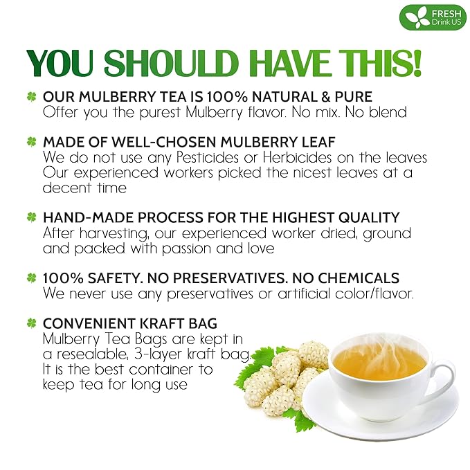 FreshDrinkUS, Premium 50 Mulberry Leaf Tea Bags, 100% Natural & Pure from Mulberry Leaves. Herbal Tea. Made with Natural Material Tea Bags. No Sugar, No Caffeine, No Gluten, Vegan.