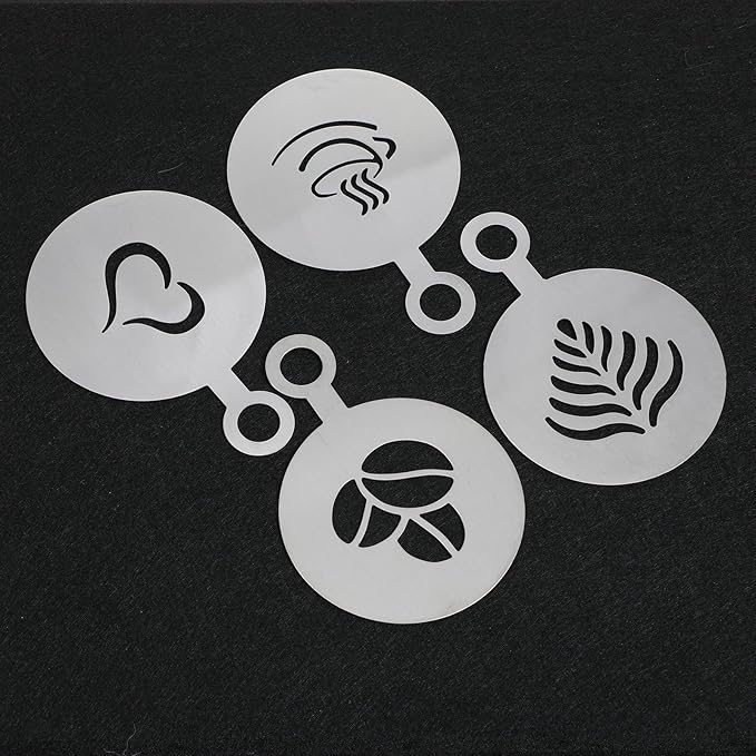 4 Pcs Stainless Coffee Stencils Latte Art,Latte Art Stencils,Lattes Stencilss with Various Patterns for Cappuccino Lattes Cake Decorating Coffee Shop and Home Use(Silver)