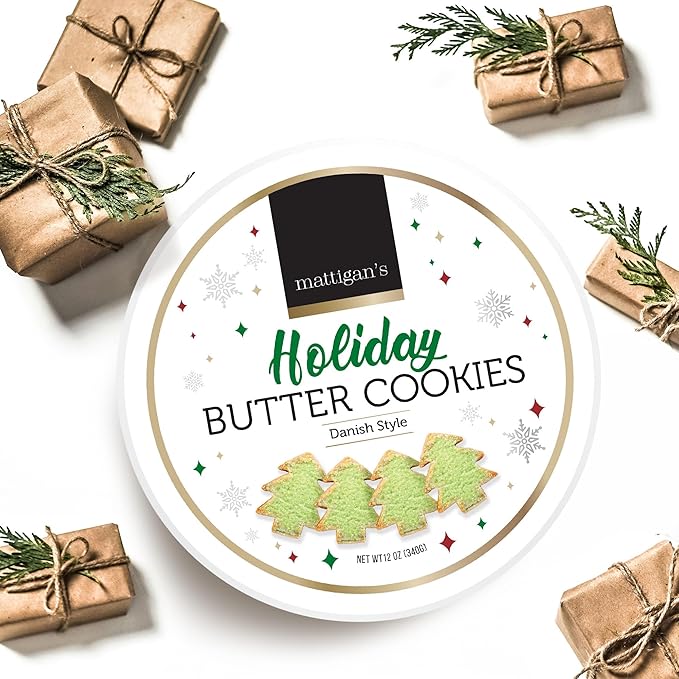 Mattigan's Holiday Butter Cookies, Danish Style Cookie, 12 Oz Tin, Gourmet Gifts, Holidays, Christmas, Stocking Stuffer, Special Occasions, Assorted Cookie Dessert Sweets, Reusable Metal Tin
