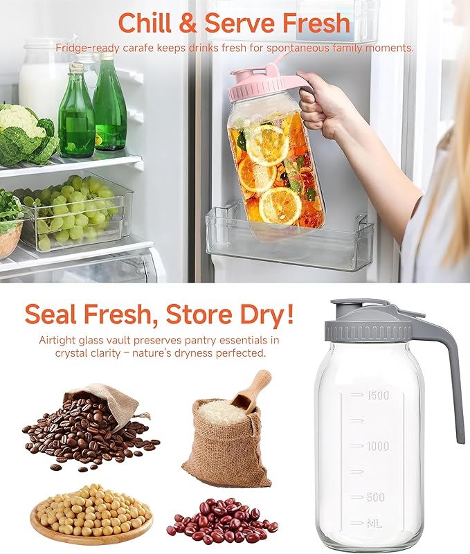 2 Quart Wide Mouth Glass Pitcher with Lid, 64oz Mason Jar Pitcher, Leak-proof Iced Tea Pitcher,Heavy Duty Container for Fridge Sweet Tea,Juice,Cold Brew Coffee,Breastmilk Storage Drinks-1PACK/Black