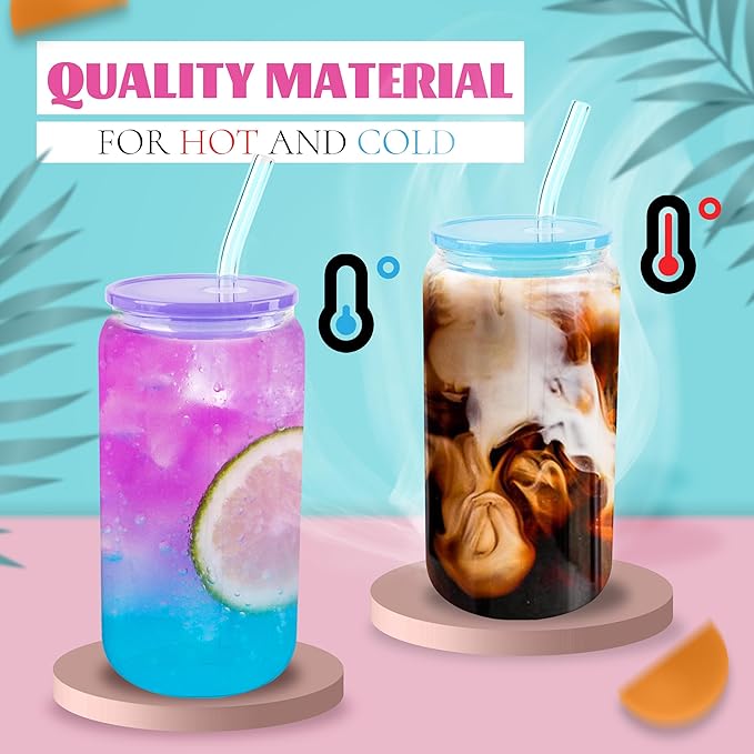 Joyclub 4pcs Glass Cups with Acrylic Lids and Straws 16 oz Can Shaped Glass Iced Coffee Cups with Lids and Straws, Cute Tumbler Cup Drinking Glasses for Smoothie Whiskey Boba Soda Tea Gift