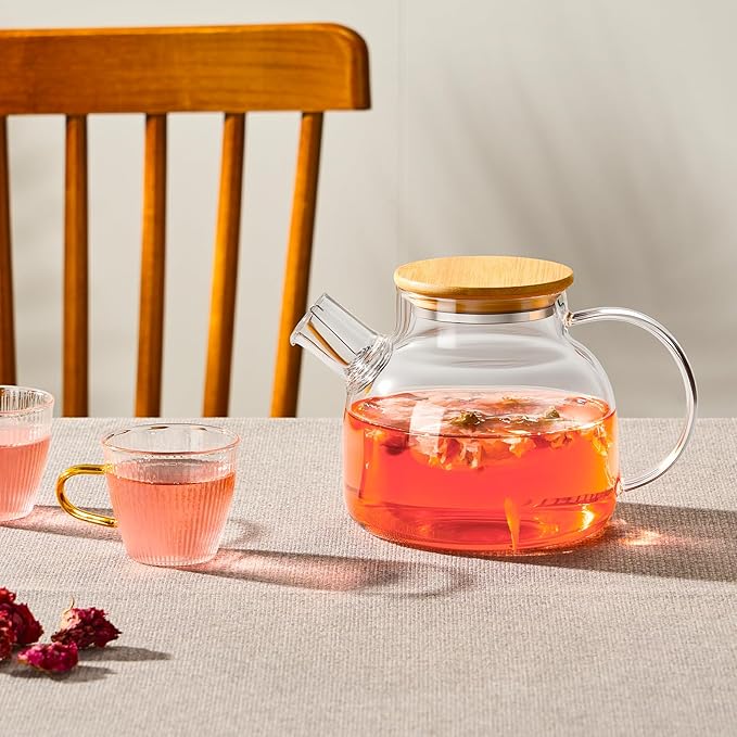 PARACITY Glass Teapot Stovetop 34 OZ, Borosilicate Clear Tea Kettle with Removable 18/8 Stainless Steel Infuser, Teapot Blooming and Loose Leaf Tea Maker Tea Brewer for Camping, Travel