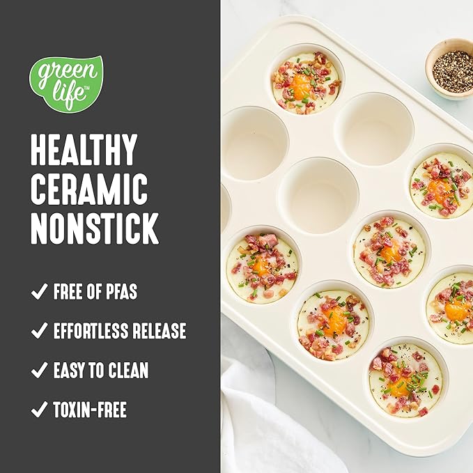 GreenLife 12-Cup Muffin Pan, Healthy Ceramic Nonstick Bakeware, PFOA & PFAS-Free Cupcake Sheet, Durable Baking Tray, Versatile Kitchen Essentials, Easy Clean Muffin Mold, Nonstick Baking Pan, Black