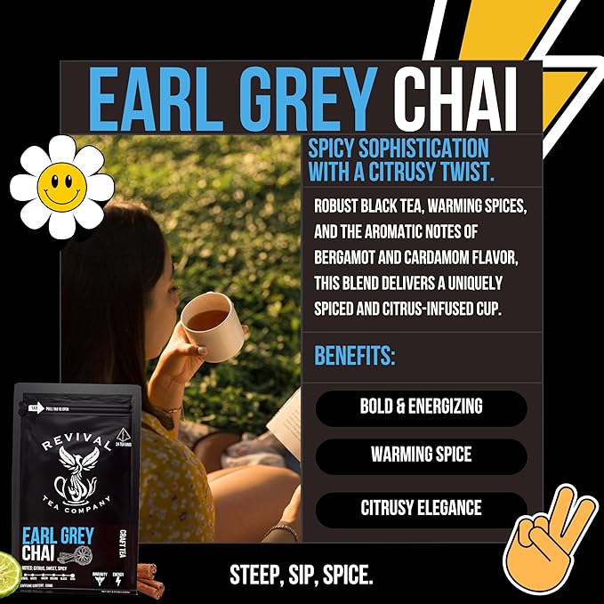 Revival Tea Company Earl Grey Chai Tea - Black Tea Blend with Fresh Spiced Chai and Bergamot Flavor - 24 Tea Bags