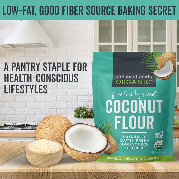 Viva Naturals Organic Coconut Flour (4 lbs) - Gluten Free Flour Substitute for Keto, Paleo and Vegan Baking, Low Fat and Good Source of Fiber Coconut Baking Flour, Non-GMO, Unbleached and Unrefined, 1.81 kg