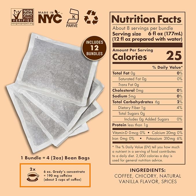 GRADY’S COLD BREW, French Vanilla, 100% Arabica Ground Coffee & Chicory Pouches, 12 Bundles of 4 Easy-to-Brew Bean Bags, Makes 144 drinks