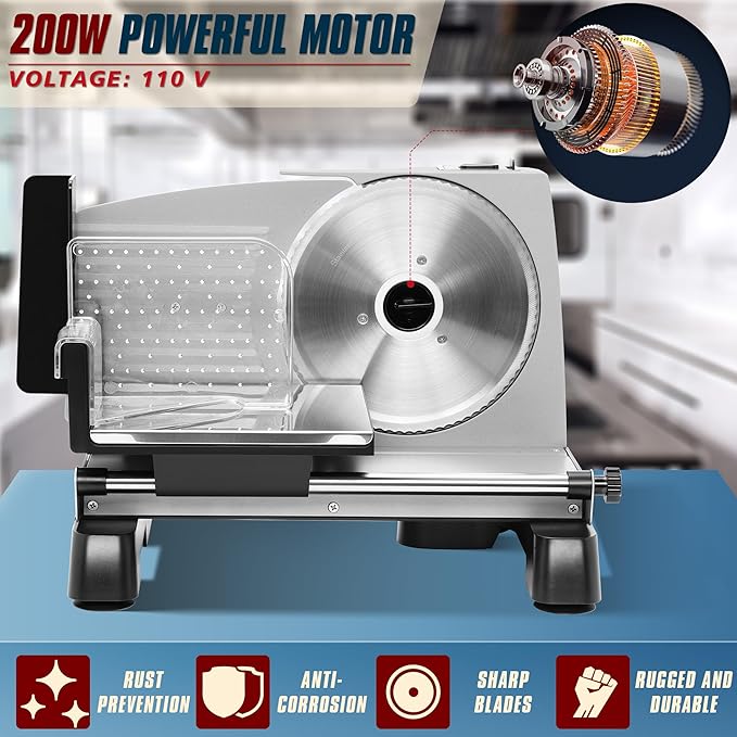Meat Slicer, 200W Electric Food Deli Slicer with Adjustable Thickness and 2 Removable 7.5 Inch Stainless Steel Blades for Cheese and Bread, Ideal for Home (0-18 mm/0-0.7 Inches)