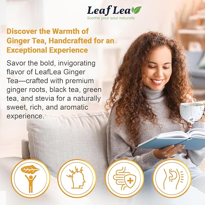 LeafLea Green Tea with Ginger, 80 Tea Bags (2 Packs), Natural Green Tea with Ginger Root, Lightly Sweetened with Stevia, Supports Digestion and Immunity, Low Caffeine, Non-GMO, Gluten-Free