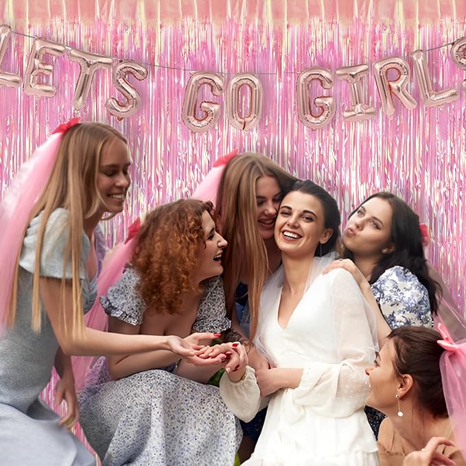 BRAVESHINE Clear Pink Streamers Party Decorations Iridescent Foil Fringe Backdrop - 2 Pack 3.2 x 6.5 ft Holographic Tinsel Curtain Party Photo Backdrop for Valentine’s Girl Birthdays Engagement Decor
