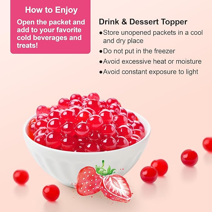 J WAY Bursting Popping Strawberry Boba Pearls, Strawberry Syrup, Non-Dairy, Fat-Free Popping Tapioca Boba for Beverages, Sweets, Ice Cream (2LB, 1 Pack)