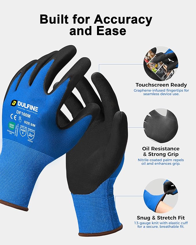 Safety Work Gloves MicroFoam Nitrile Coated-12 Pairs Pack,Blue Seamless Knit Nylon Glove with Black Micro-Foam Nitrile Grip,Ideal for General Purpose,Automotive,Home Improvement,Painting(Medium)