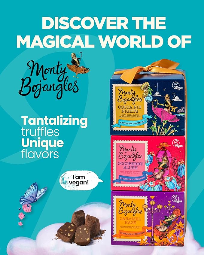 Monty Bojangles Vegan Cocoa Dusted Chocolate Truffles Gift Tower (3x3.5oz) - 3 Different Flavors Luxury Chocolatey Truffles Gift Set, Award Winning Truffle, Vegan Chocolate Box With Bespoke Design