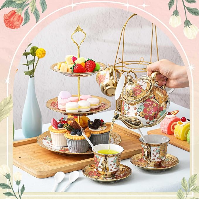 Maxcheck 21 Pcs Tea Party Set for Adults European Floral Tea Set with Metal Holder and 3 Tier Ceramic Cake Stand Porcelain Flower Cup Teapot for Dessert Cupcake(Vintage Style)
