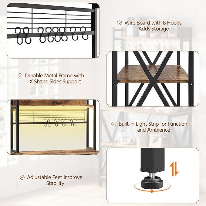 Yaheetech Kitchen Bakers Rack with Power Outlet & LED Lights, 5 Tiers Coffee Bar Table with 8 S Hooks, 64 Inches Tall Microwave Oven Stand with Storage for Spices, Pots, Rustic Brown