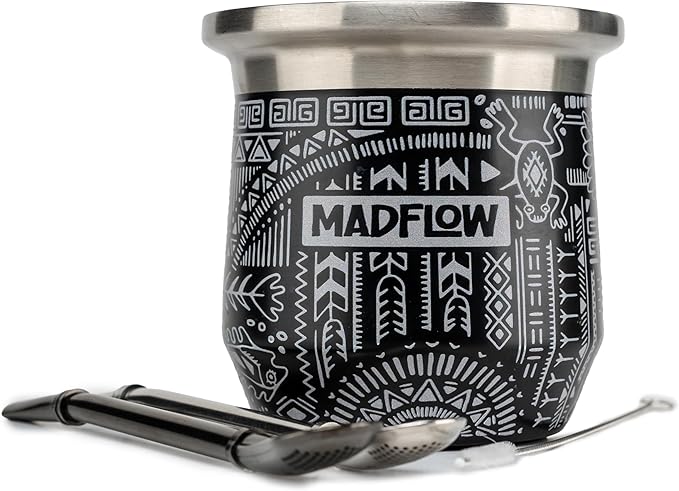 MADFLOW Yerba Mate Cup. Stainless Steel Mate Cup with 2 Bombillas. Double Wall Vacuum Insulated Yerba Mate Gourd. Unique Mate Cup And Bombilla Set