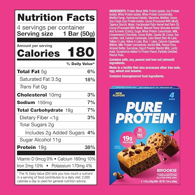 Pure Protein Bars, High Protein, Nutritious Snacks to Support Energy, Low Sugar, Gluten Free, Brookie, 1.76oz, Pack of 4
